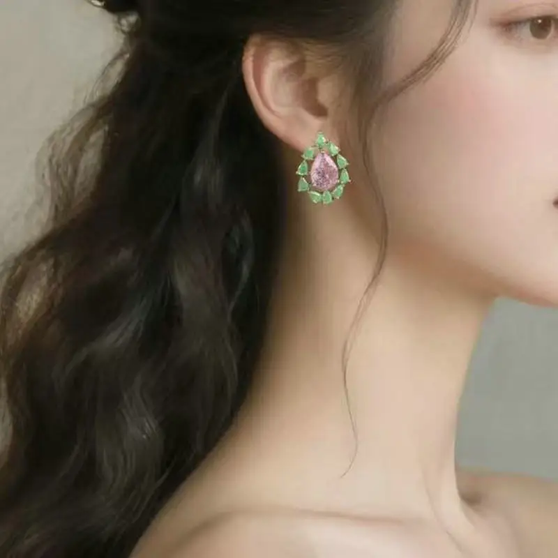 Bilincolor Fashion Cubic Zirconia Pink and Green Stud Earring for Women