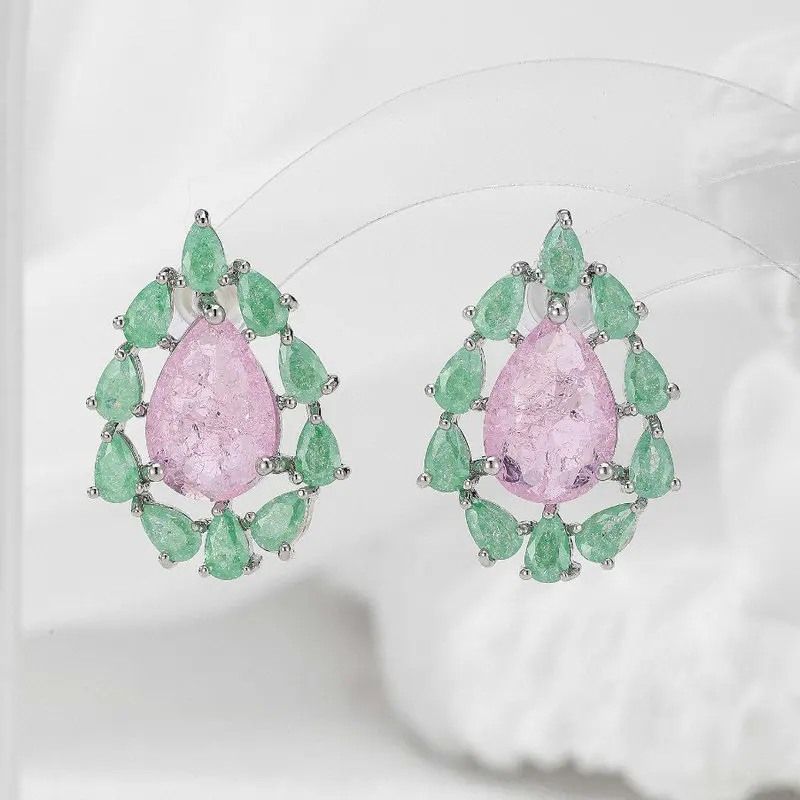 Bilincolor Fashion Cubic Zirconia Pink and Green Stud Earring for Women