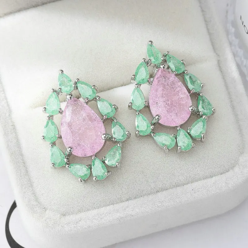 Bilincolor Fashion Cubic Zirconia Pink and Green Stud Earring for Women