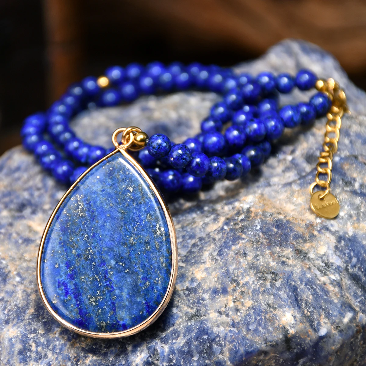 Natural Stone Lapis Round Water Drop Pendant Choker Necklace Bohemian Women's Luxury Banquet Party Handmade Jewelry