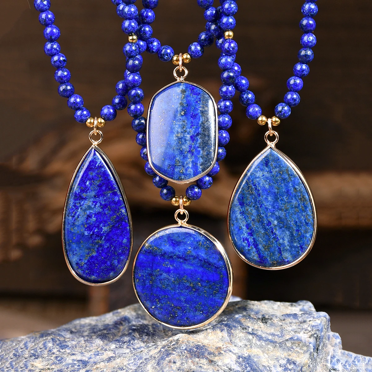 Natural Stone Lapis Round Water Drop Pendant Choker Necklace Bohemian Women's Luxury Banquet Party Handmade Jewelry