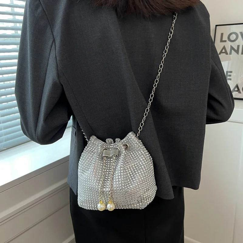 Sparkling Rhinestone Embellished Drawstring Crossbody Bag, Multi-Functional Bucket Purse, Formal Handbag for Women Daily Commute