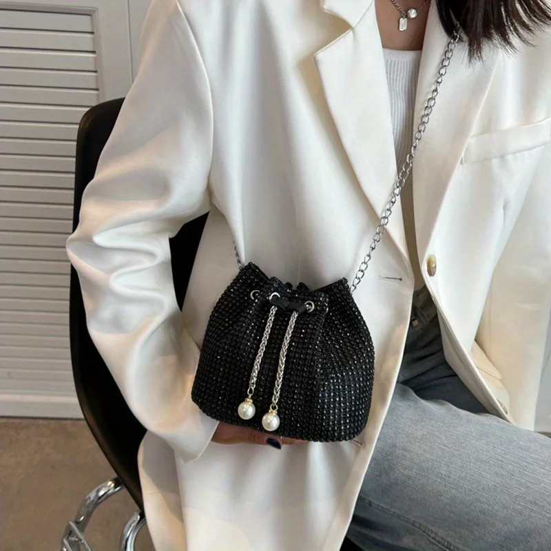 Sparkling Rhinestone Embellished Drawstring Crossbody Bag, Multi-Functional Bucket Purse, Formal Handbag for Women Daily Commute
