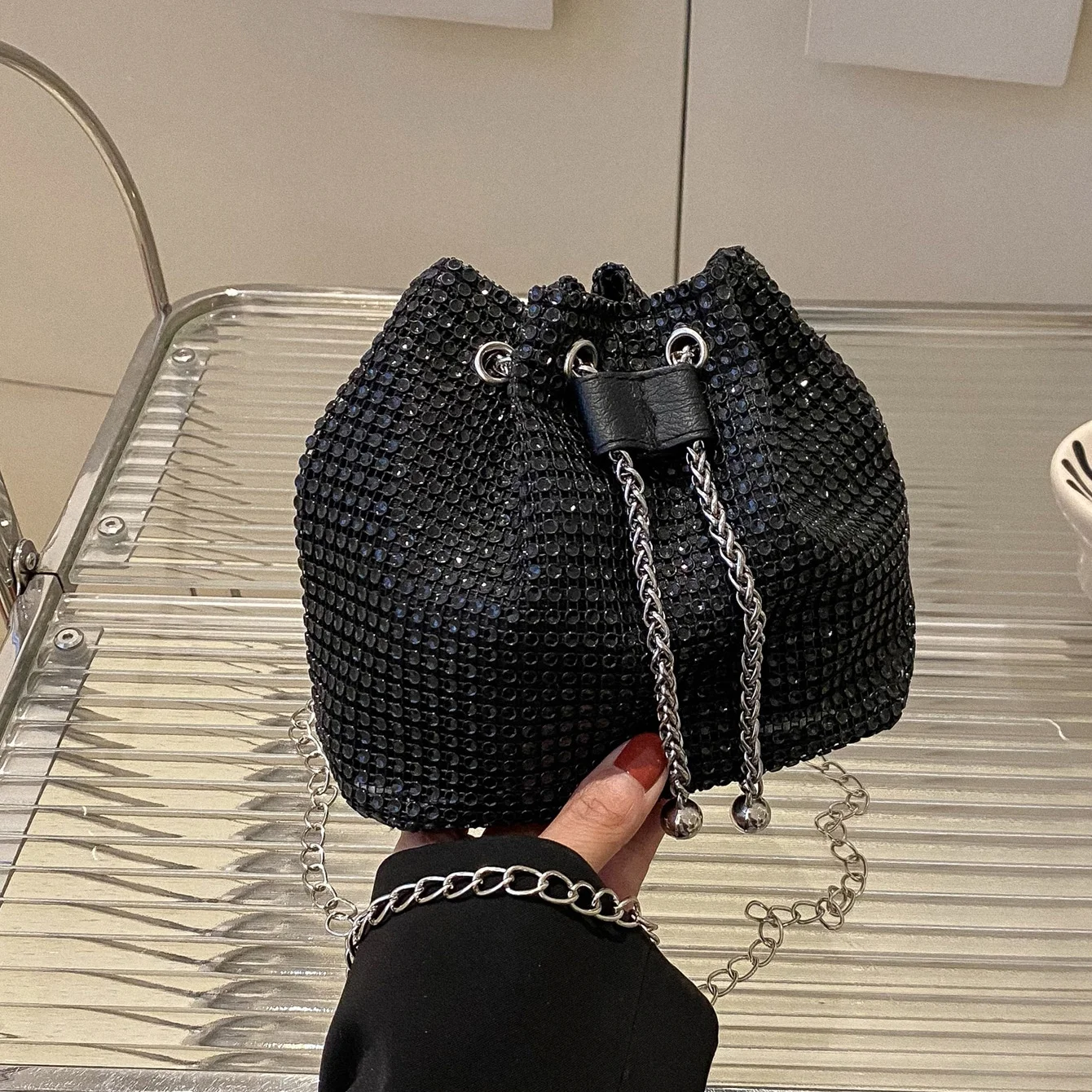 Sparkling Rhinestone Embellished Drawstring Crossbody Bag, Multi-Functional Bucket Purse, Formal Handbag for Women Daily Commute