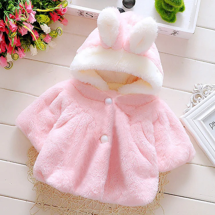 Winter Kids Jacket Newborn Girls Clothes Korean Cartoon Cute Hooded Thick Warm Fake Fur Fleece Pink Baby Tops Toddler Coat BC719