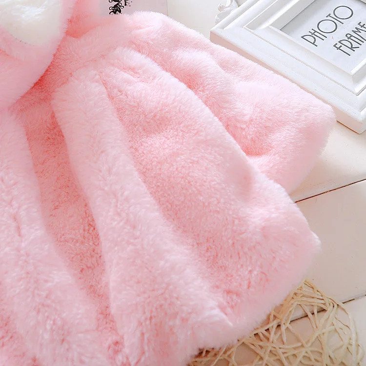 Winter Kids Jacket Newborn Girls Clothes Korean Cartoon Cute Hooded Thick Warm Fake Fur Fleece Pink Baby Tops Toddler Coat BC719