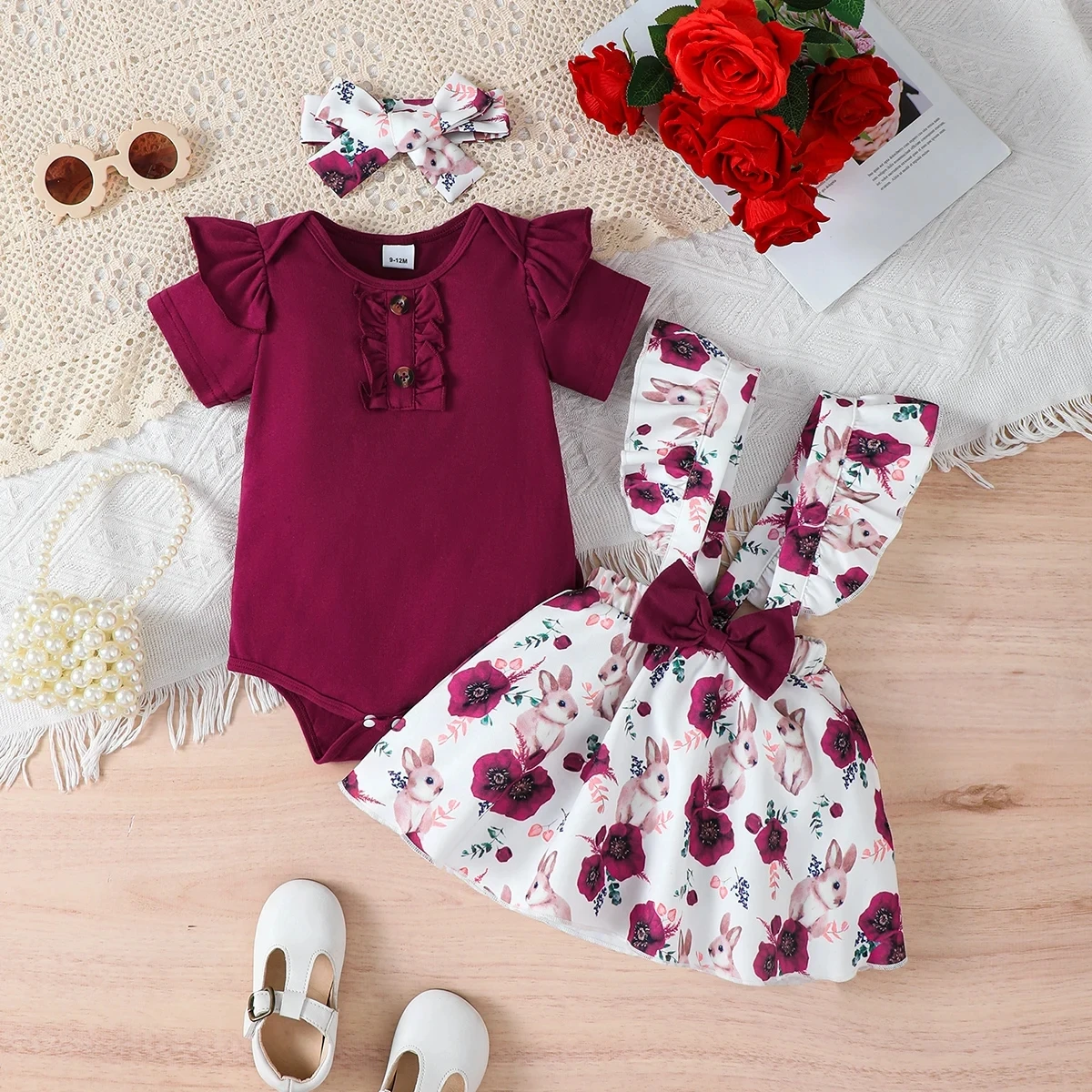 Baby Girl Summer Set Solid Color Jumpsuit+Rabbit Printed Shoulder Strap Skirt+Headband Set for 0-18 Months Cute Female Babies