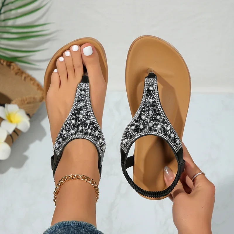 YNPO Summer Clip Toe Bohemia Sandals Women 2024 Fashion Shiny Crystal Flat Sandalias Woman Non Slip Sole Beach Sandles Mujer