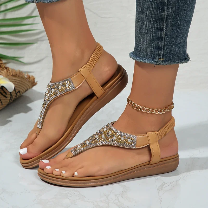 YNPO Summer Clip Toe Bohemia Sandals Women 2024 Fashion Shiny Crystal Flat Sandalias Woman Non Slip Sole Beach Sandles Mujer