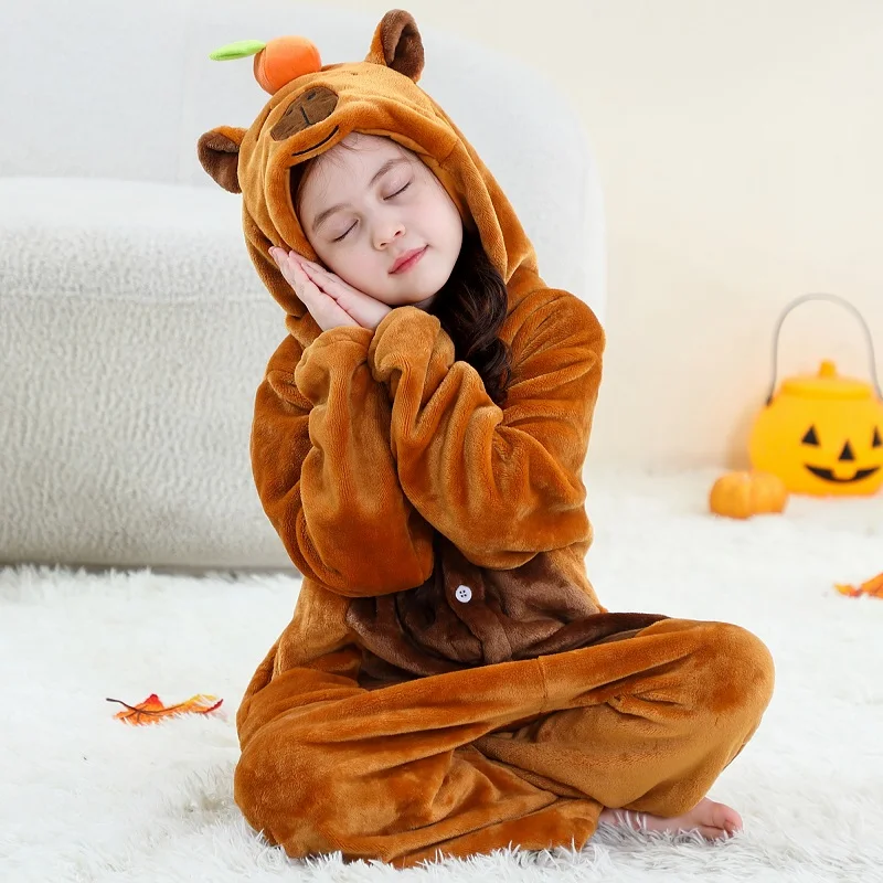 MICHLEY Carnaval Capybara Flannel Blanket Sleepers Onesie Hooded Children Costume Clothes Jumpsuit Sleepwear For Boys Girls