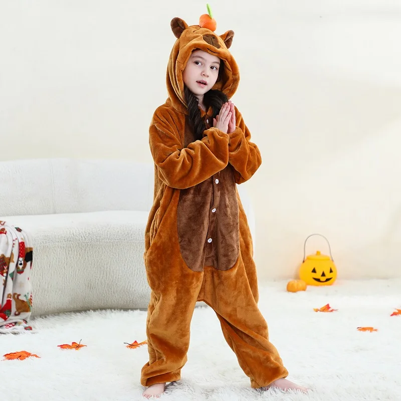MICHLEY Carnaval Capybara Flannel Blanket Sleepers Onesie Hooded Children Costume Clothes Jumpsuit Sleepwear For Boys Girls
