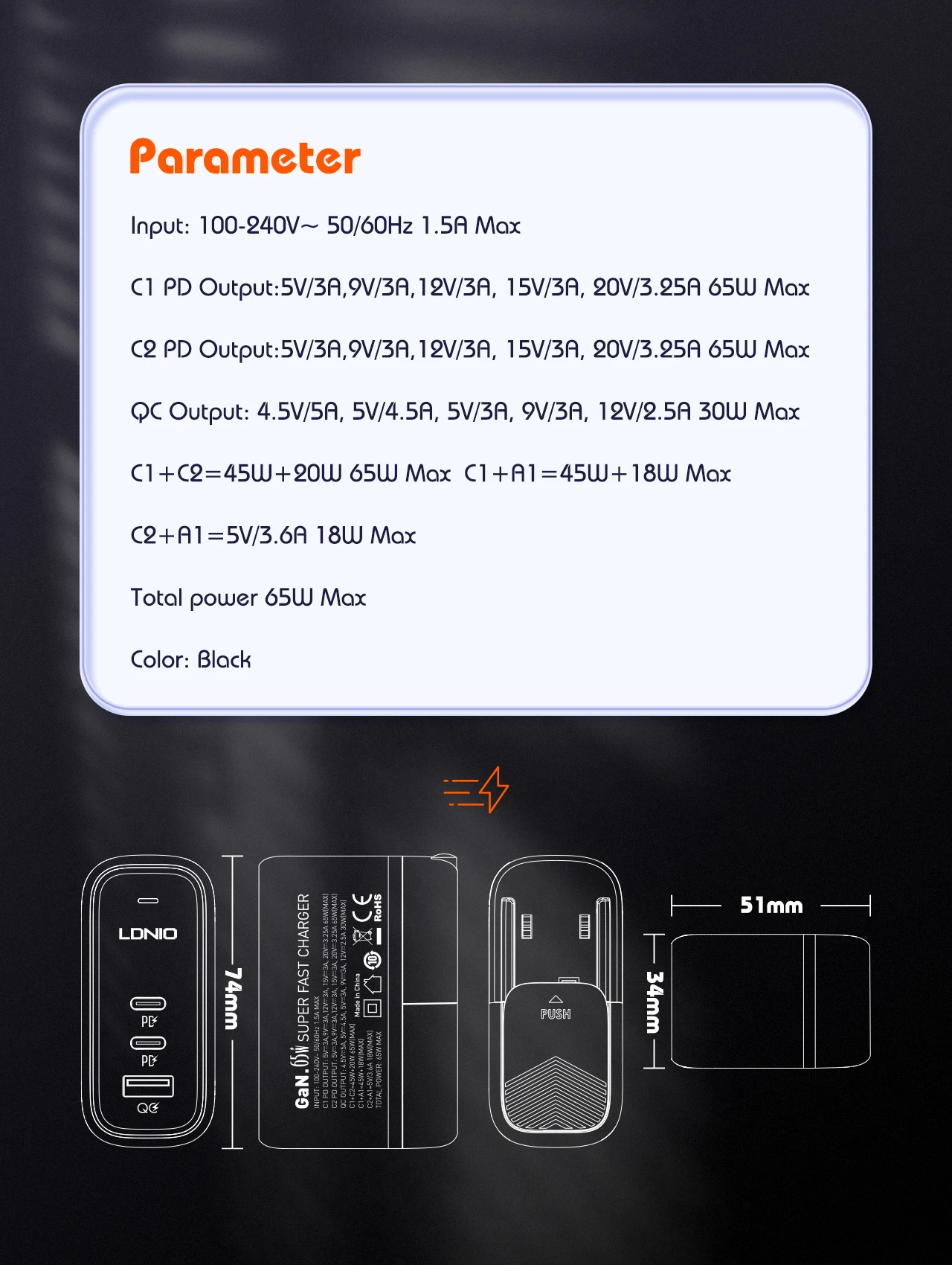 LDNIO GaN 65W USB C Charger Travel Charger PD QC Wall Charger 3 Port International Plug Adapter EU UK US AU Travel Plug Adapter