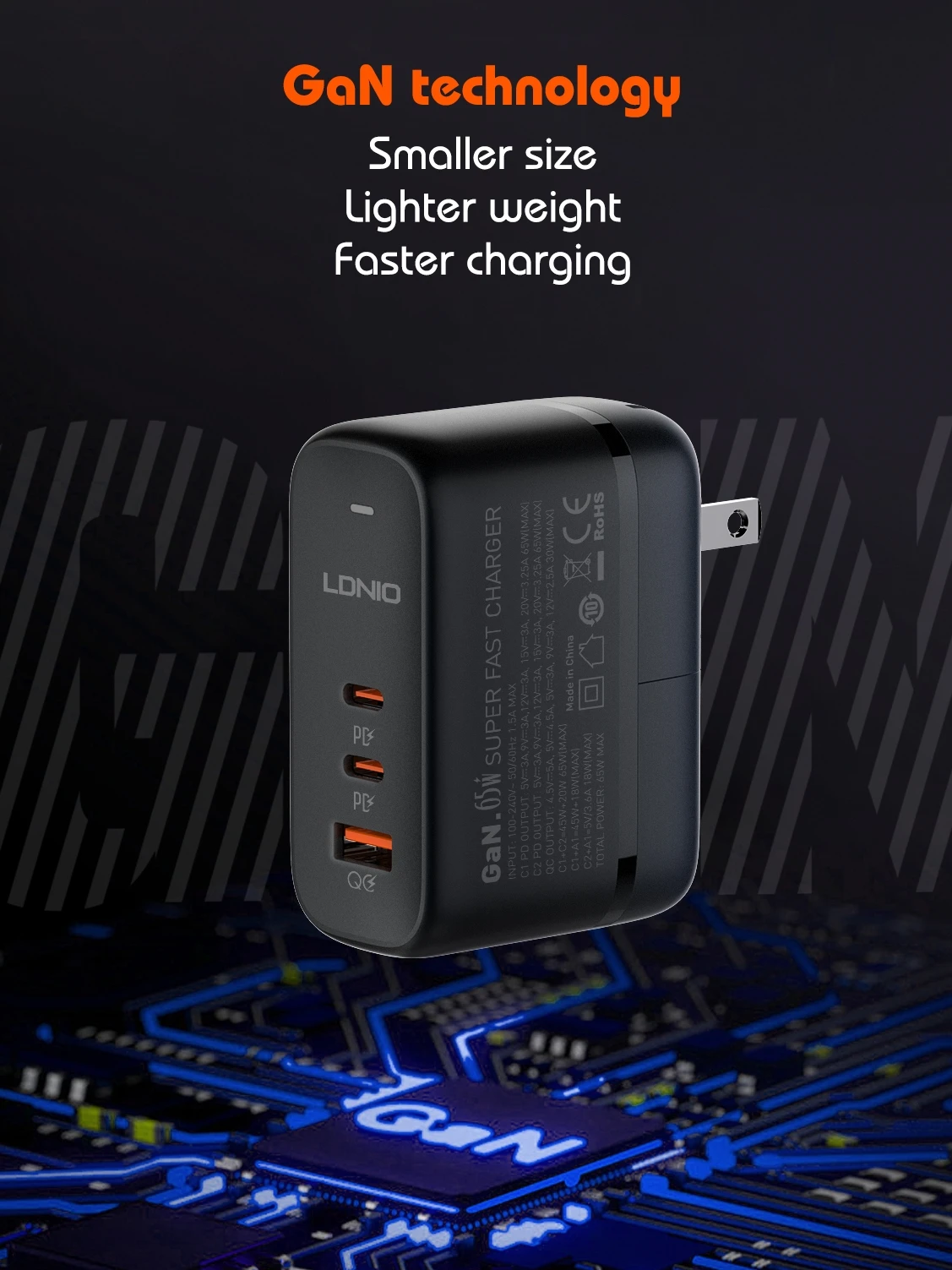 LDNIO GaN 65W USB C Charger Travel Charger PD QC Wall Charger 3 Port International Plug Adapter EU UK US AU Travel Plug Adapter