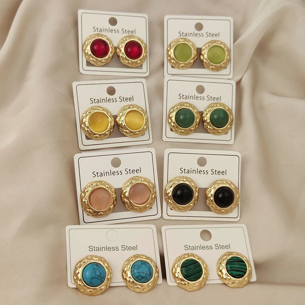 Charming round pattern oversized gemstone gold-plated 18K women's earrings, high-quality waterproof earrings, wife's gift