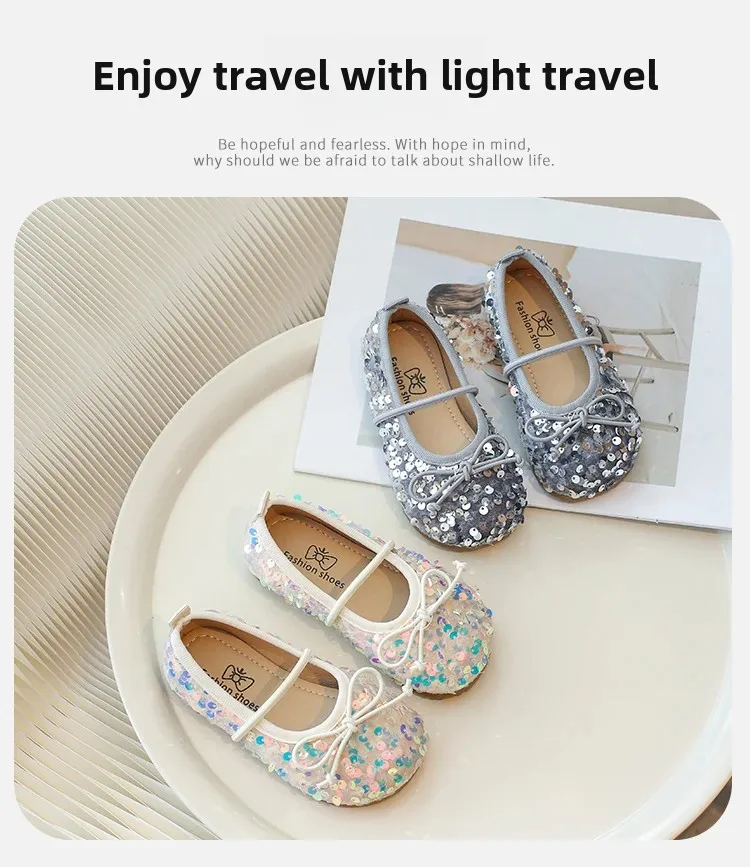 Girls' Shoes 2025 Spring New Fashion Little Girl Sequin Princess Shoes Soft Sole Girls' Shallow Mouth Single Shoes Breathable
