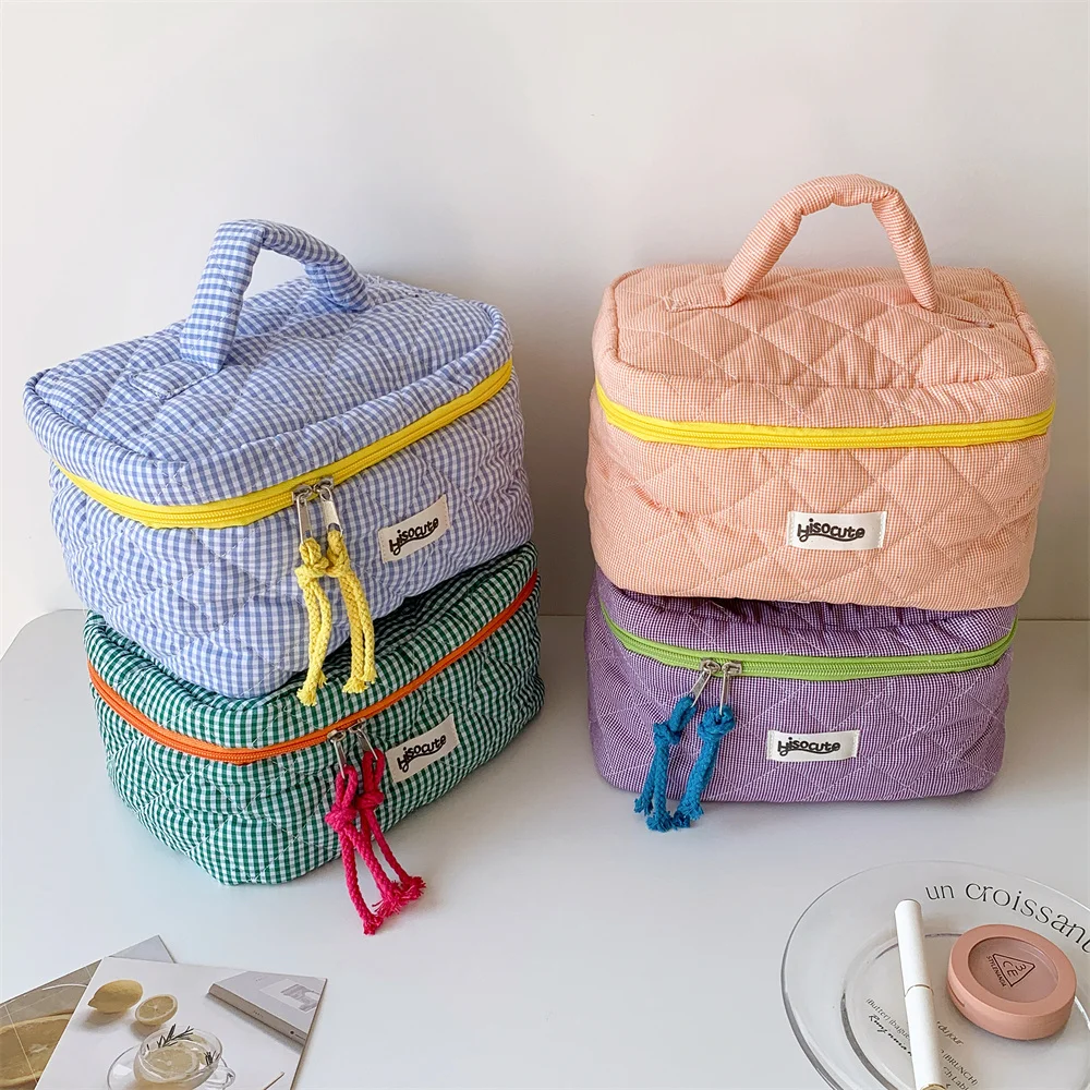 Plaid Cosmetic Bag Set Simple Style Large Capacity Portable Cosmetic Tools Storage Bag for Home Bathroom Toiletry Bag