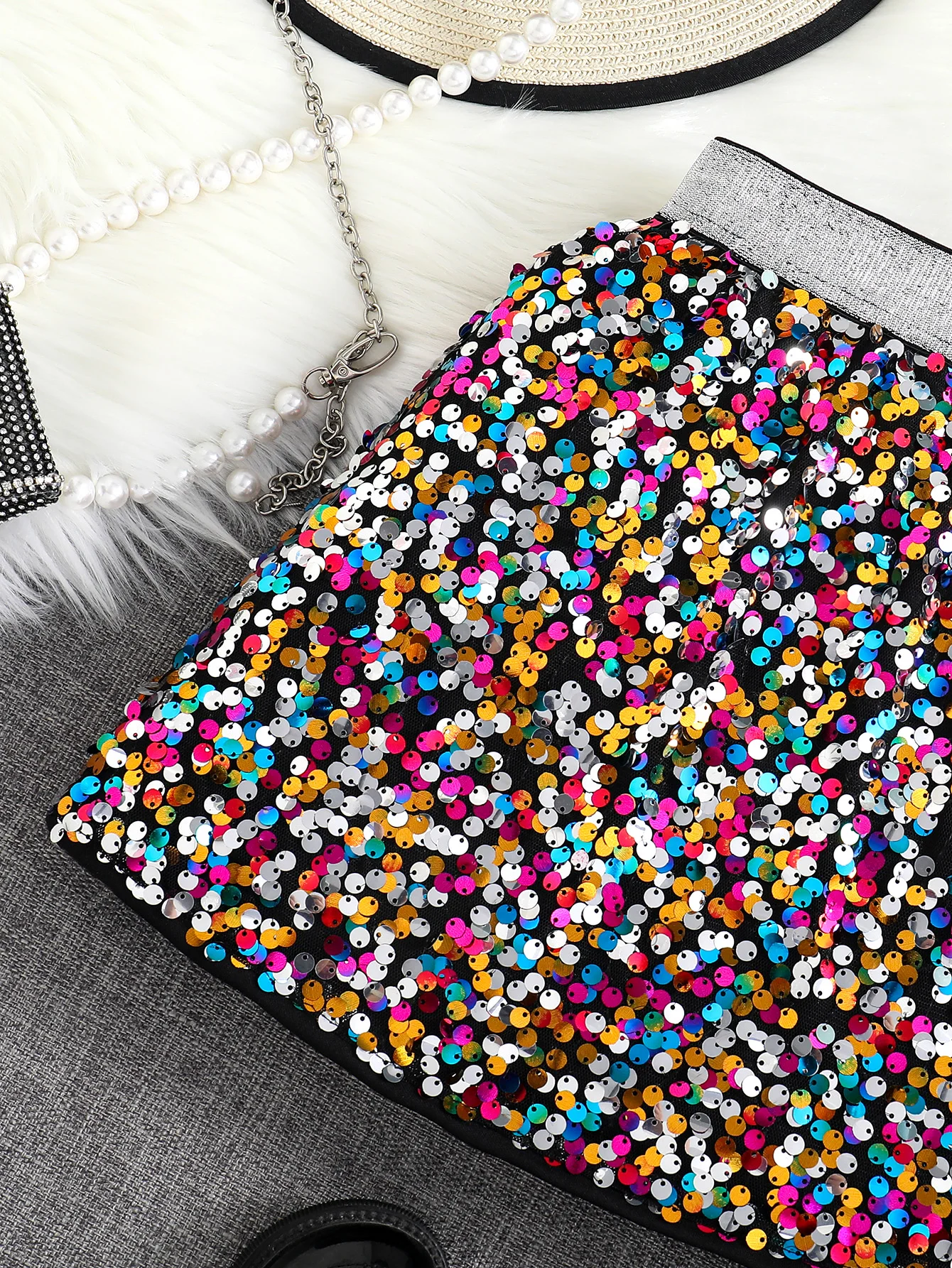 Spring and Autumn New Shiny Sequin A-line High-Waist Skirt for Girls; Single Piece