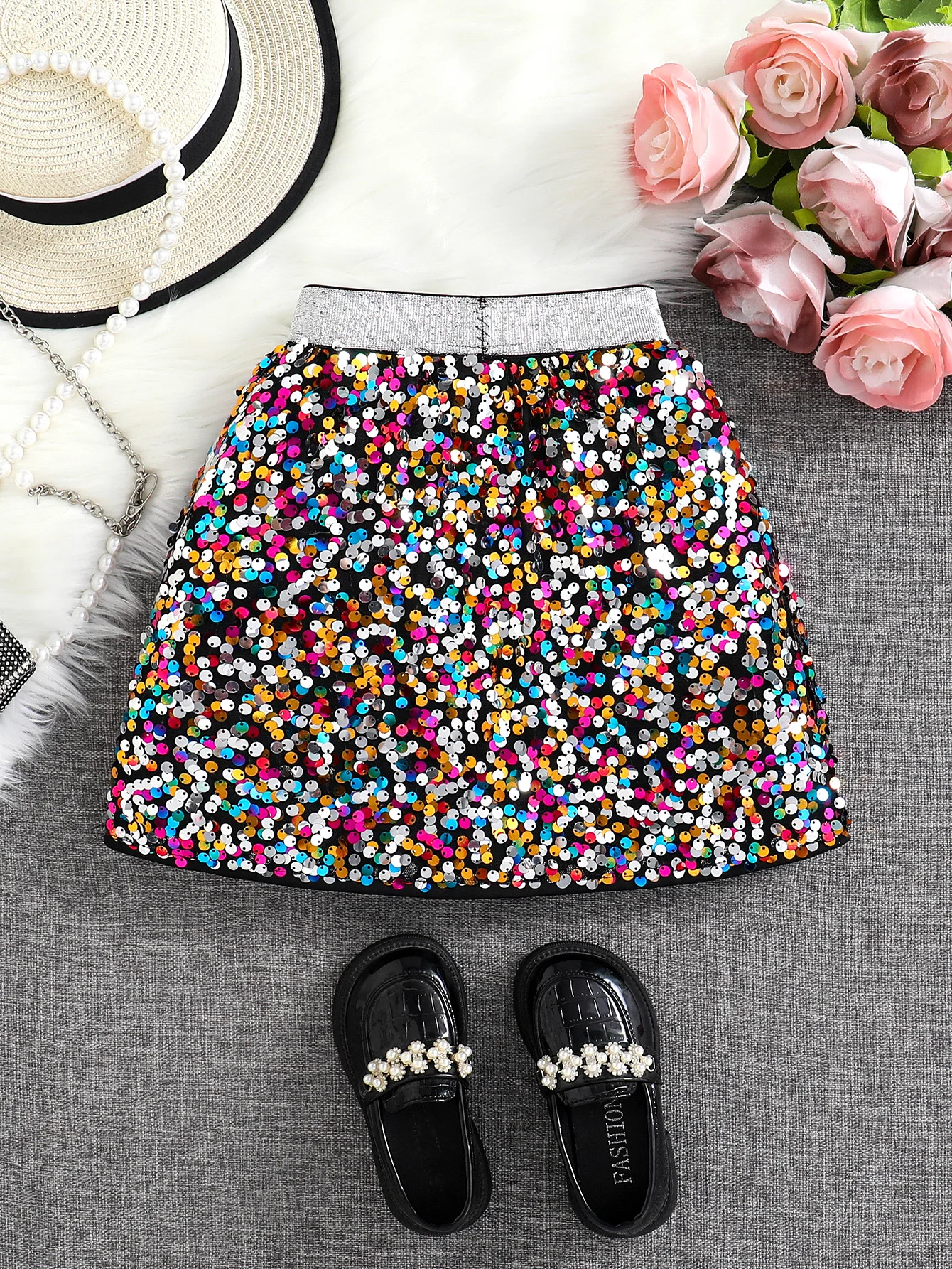 Spring and Autumn New Shiny Sequin A-line High-Waist Skirt for Girls; Single Piece