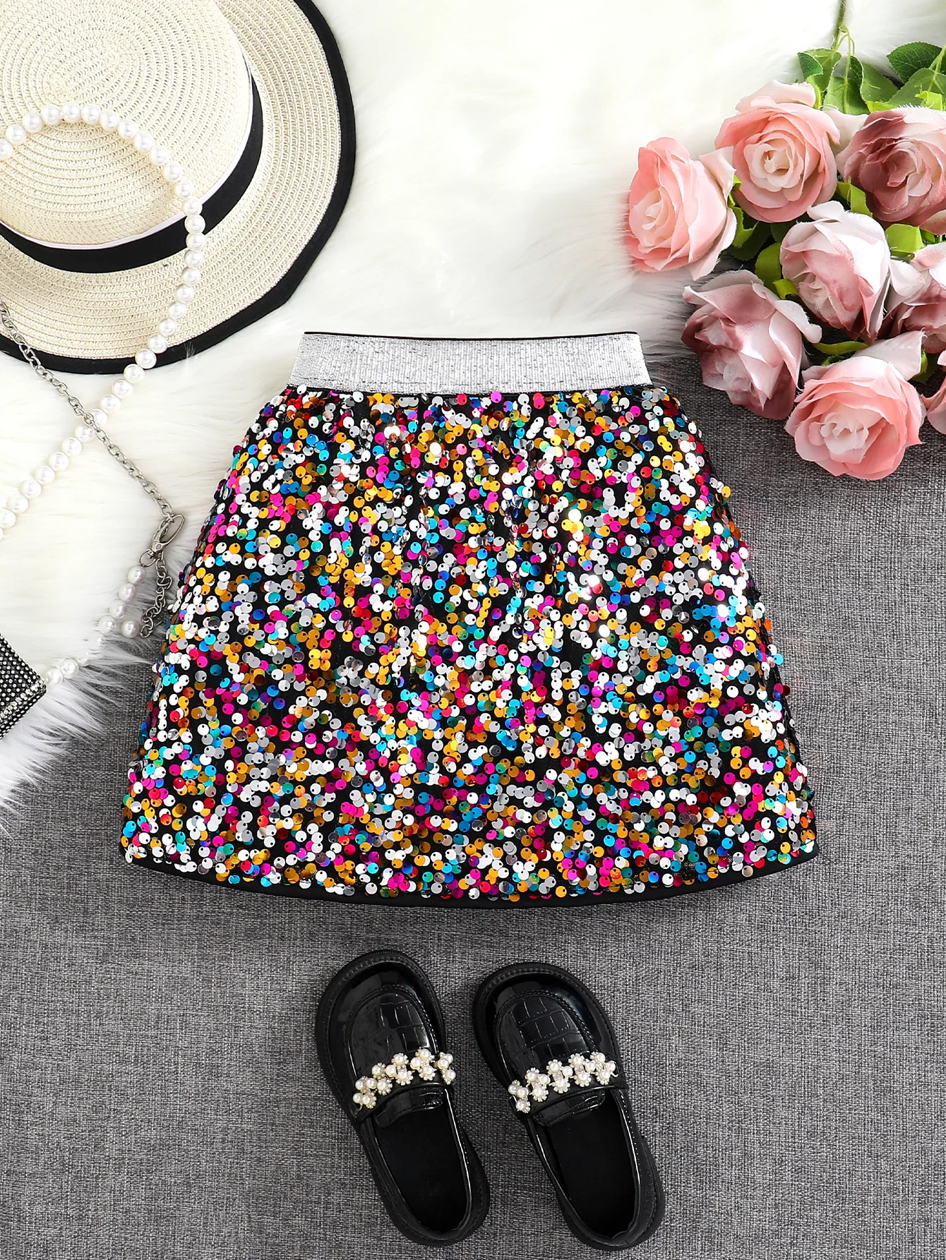 Spring and Autumn New Shiny Sequin A-line High-Waist Skirt for Girls; Single Piece