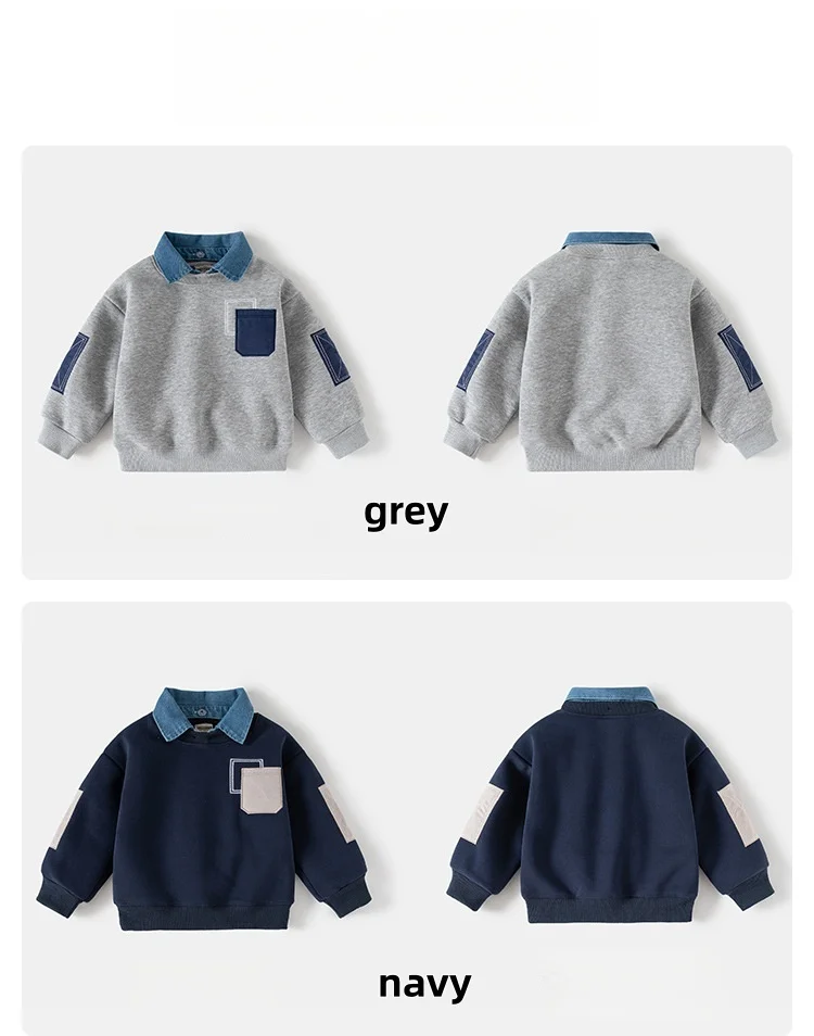 Spring Children Clothes Sweatshirt for Boys Denim Collar Fleece Pullover with Patch Pocket Casual Kids Top Long Sleeve T-shirt