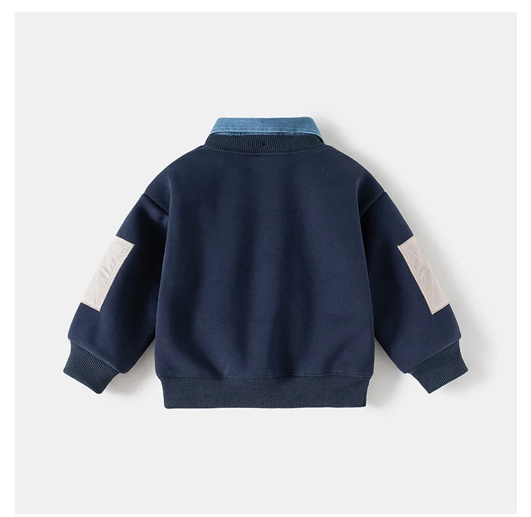 Spring Children Clothes Sweatshirt for Boys Denim Collar Fleece Pullover with Patch Pocket Casual Kids Top Long Sleeve T-shirt