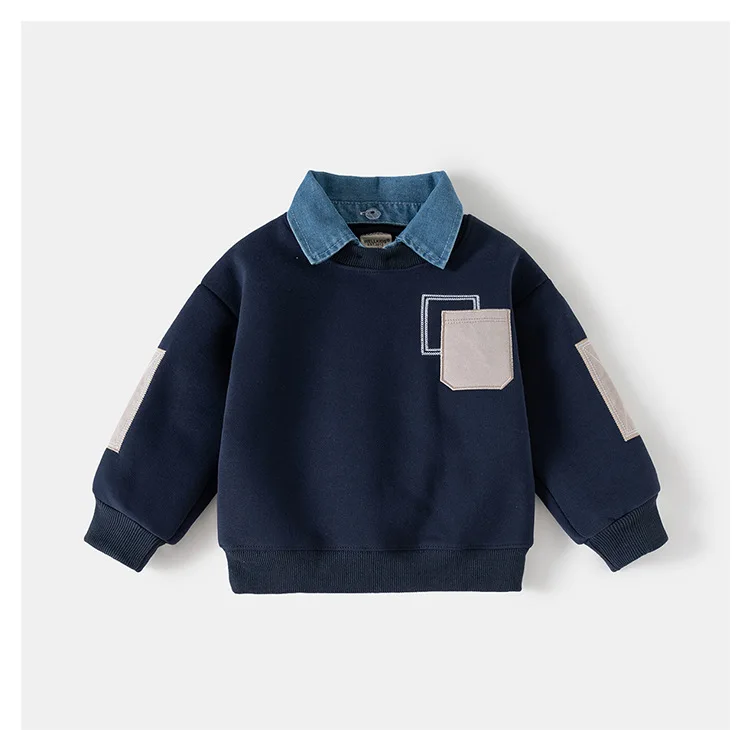Spring Children Clothes Sweatshirt for Boys Denim Collar Fleece Pullover with Patch Pocket Casual Kids Top Long Sleeve T-shirt
