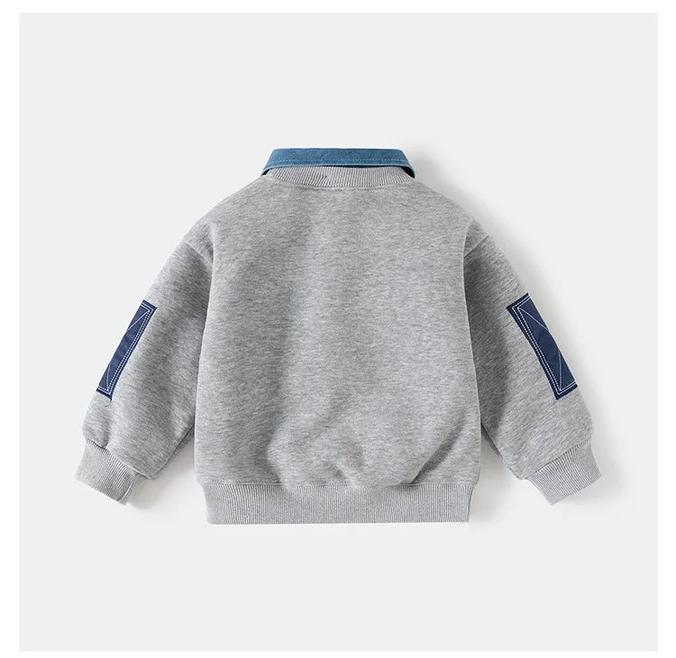Spring Children Clothes Sweatshirt for Boys Denim Collar Fleece Pullover with Patch Pocket Casual Kids Top Long Sleeve T-shirt