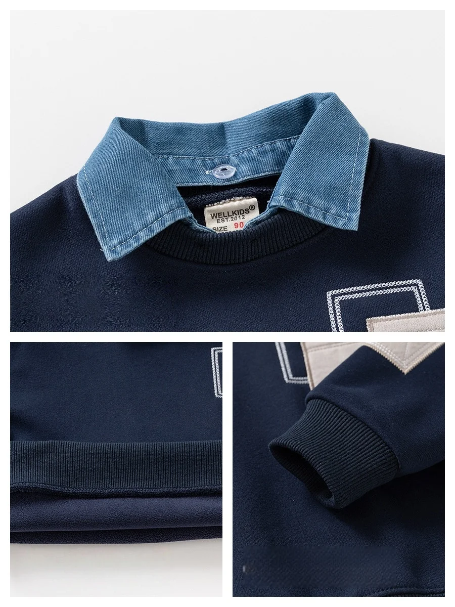 Spring Children Clothes Sweatshirt for Boys Denim Collar Fleece Pullover with Patch Pocket Casual Kids Top Long Sleeve T-shirt