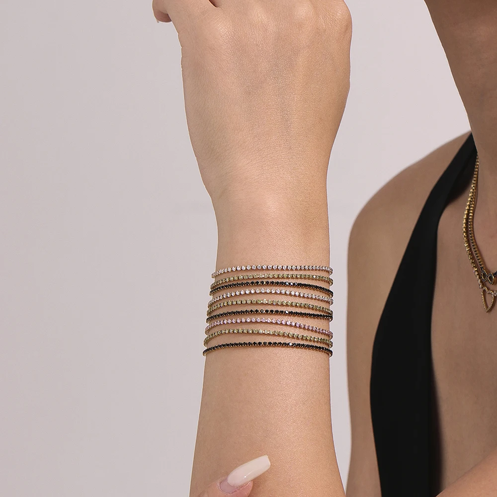 Liora Luxury Stainless Steel Full Multi-Color Zircon Tennis Bracelet For Women Charm Wedding Engagement Thin Chain Wrist Jewelry