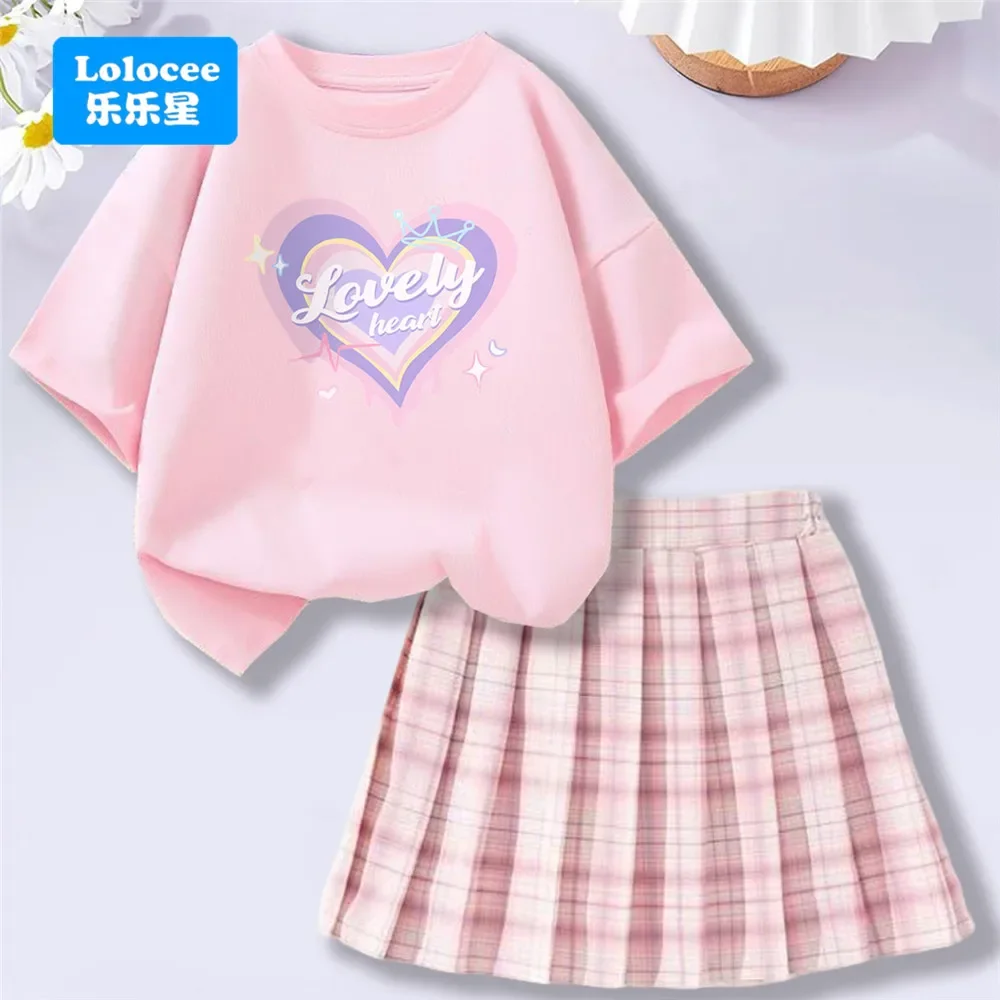 4-14Y Girl School Outfits Short Sleeve Heart Shape T-shirt and Elastic Waist Plaid Skirt 2pcs Sets For Children Preppy style