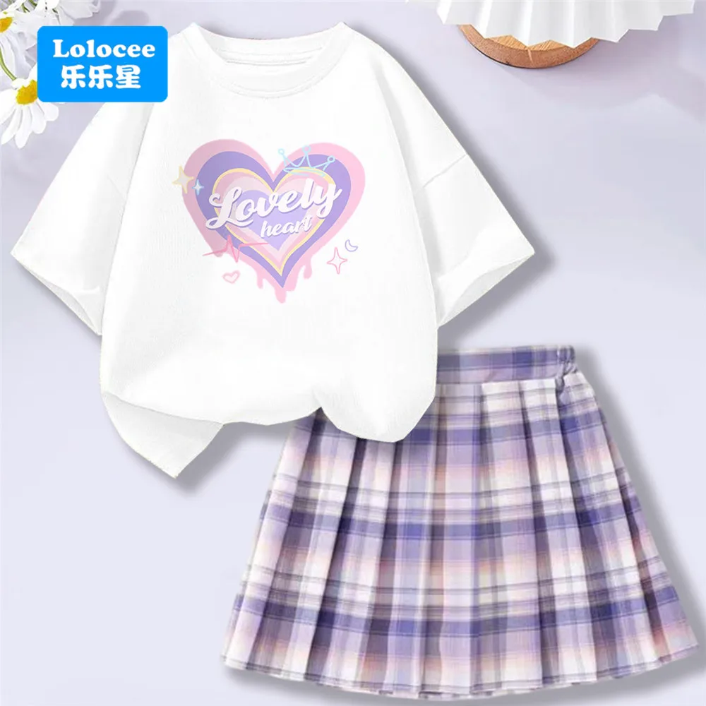 4-14Y Girl School Outfits Short Sleeve Heart Shape T-shirt and Elastic Waist Plaid Skirt 2pcs Sets For Children Preppy style