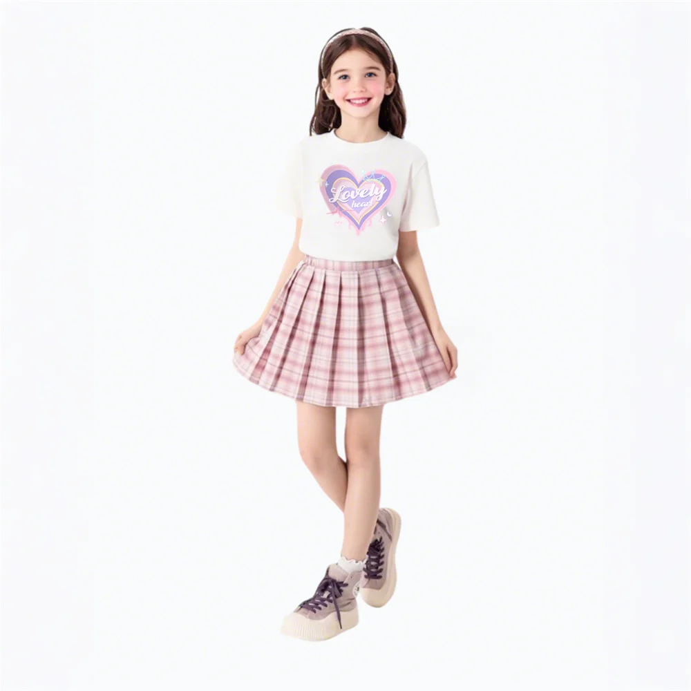 4-14Y Girl School Outfits Short Sleeve Heart Shape T-shirt and Elastic Waist Plaid Skirt 2pcs Sets For Children Preppy style