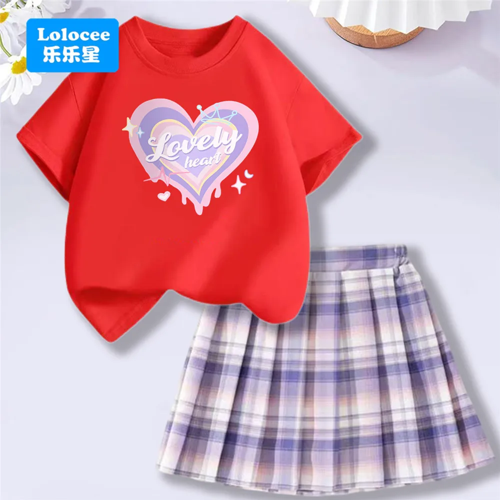 4-14Y Girl School Outfits Short Sleeve Heart Shape T-shirt and Elastic Waist Plaid Skirt 2pcs Sets For Children Preppy style