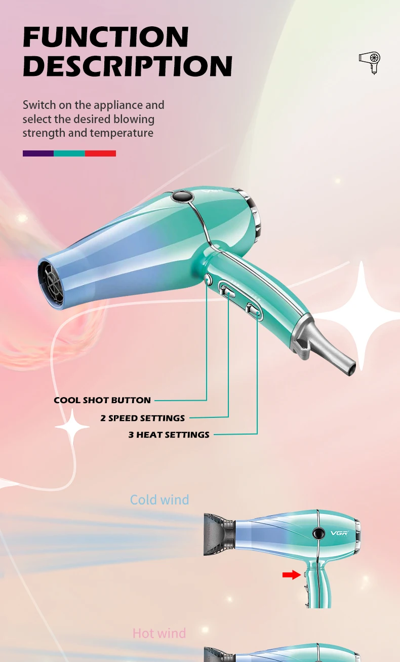 VGRV-452 professional hair care hair dryer 2000-2400W super strong wind power dormitory home negative ion hair care styling wind