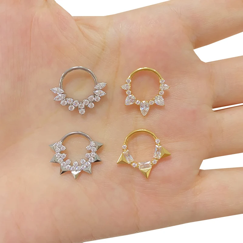 ASTM F136 Titanium EAR PIERC Nose Ring Teeth Tip CZ Ring Hoop Nose Rings Hinged Clicker Earring Ring factory Body Piercing