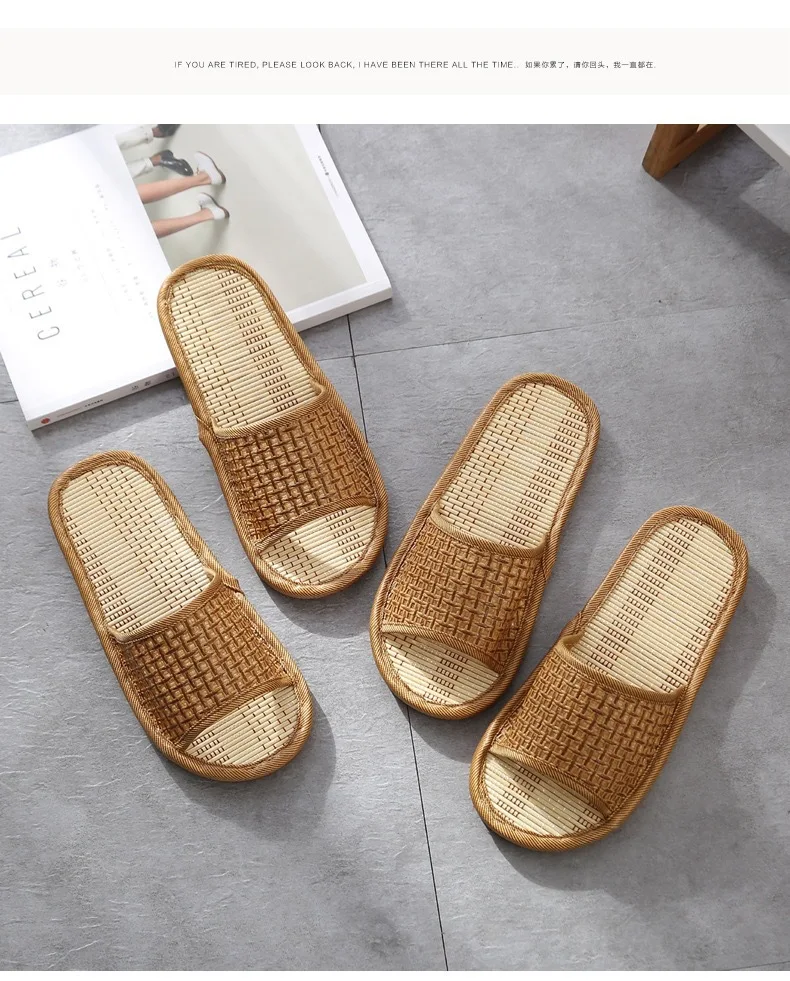 Bamboo & Rattan Summer Slippers for Women/Men - Breathable Couple Sandals, Soft Sole Anti-Slip Indoor Slides for Home/Beach