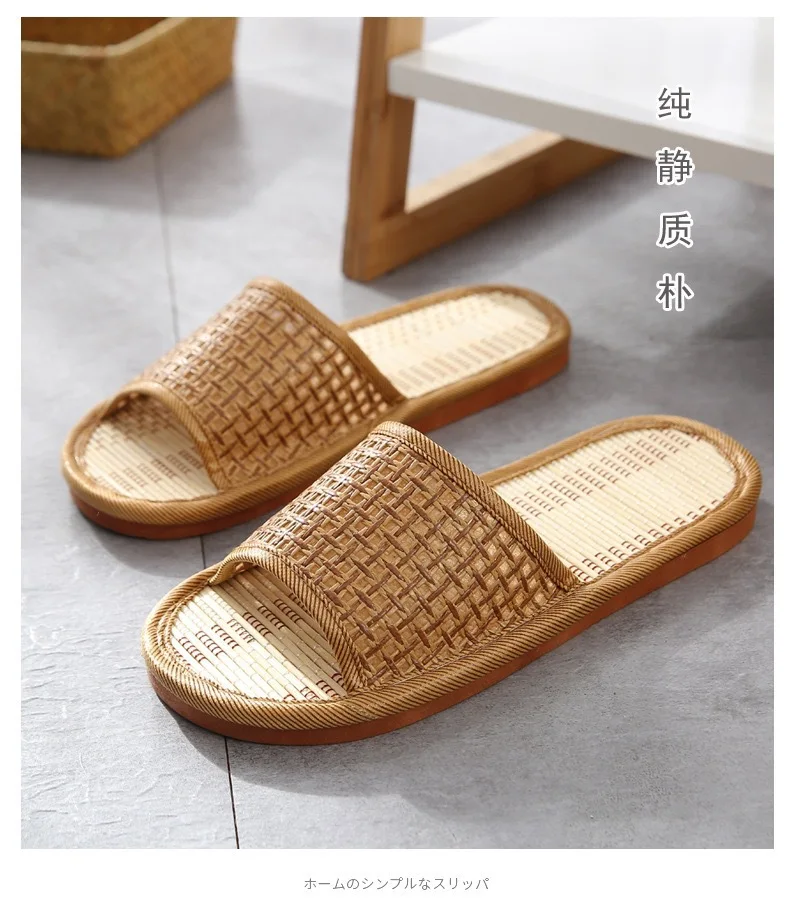 Bamboo & Rattan Summer Slippers for Women/Men - Breathable Couple Sandals, Soft Sole Anti-Slip Indoor Slides for Home/Beach