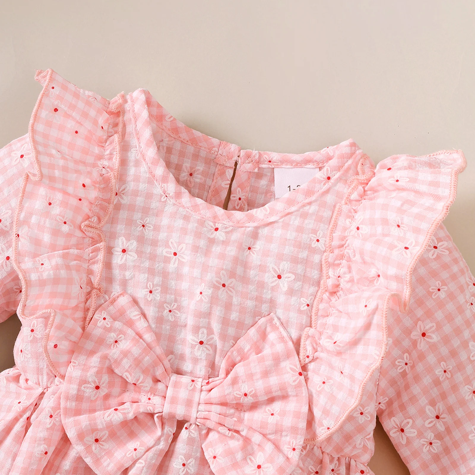 Baby Girl Sweet Dress Round Neck Small Floral Plaid Long Sleeved Dress Suitable for 0-18 Months Cute Baby Girl Autumn Dress