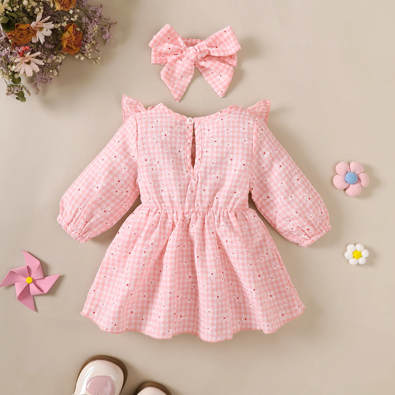Baby Girl Sweet Dress Round Neck Small Floral Plaid Long Sleeved Dress Suitable for 0-18 Months Cute Baby Girl Autumn Dress