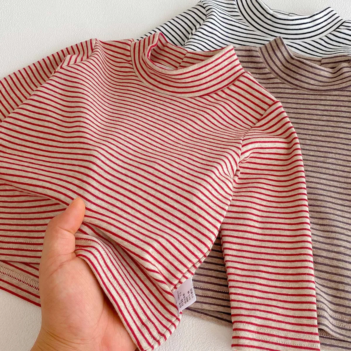 Children's autumn and winter striped semi-high collar long sleeve base shirt, male and female baby autumn and winter striped bas