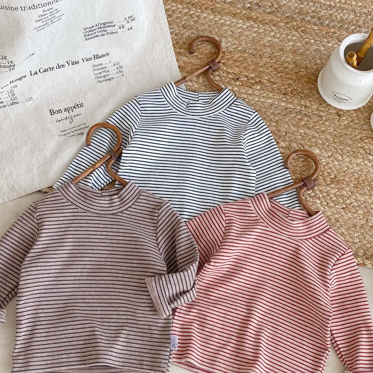 Children's autumn and winter striped semi-high collar long sleeve base shirt, male and female baby autumn and winter striped bas