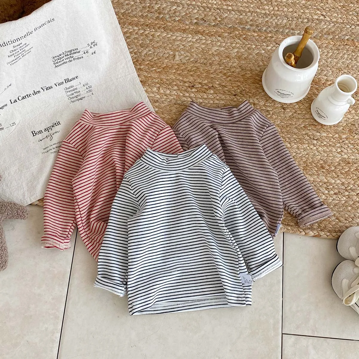 Children's autumn and winter striped semi-high collar long sleeve base shirt, male and female baby autumn and winter striped bas