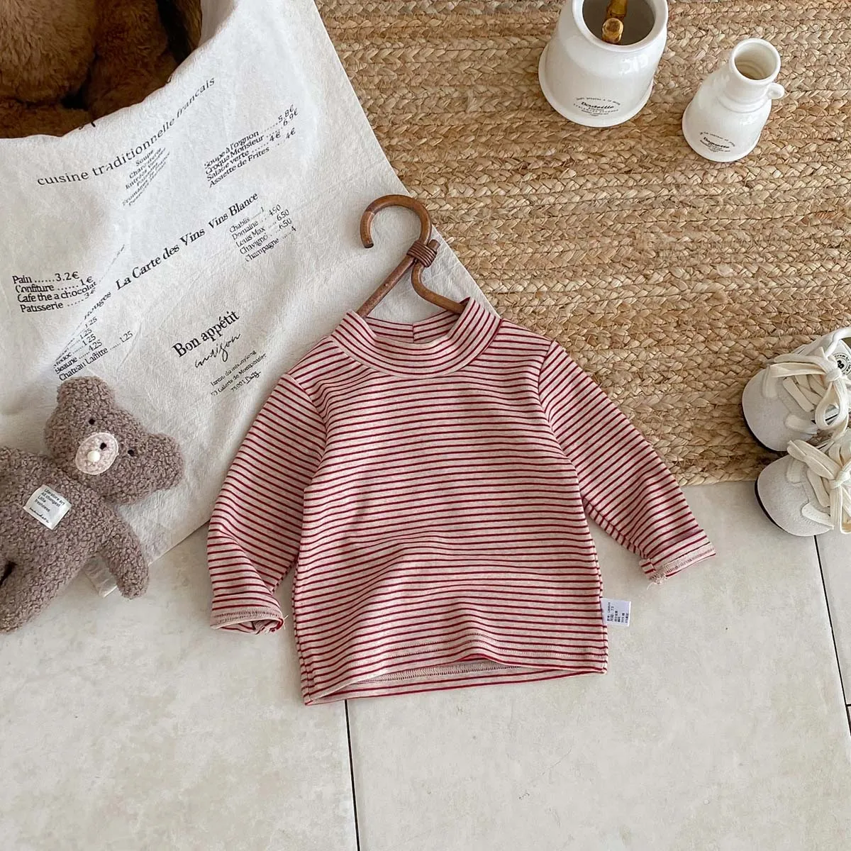 Children's autumn and winter striped semi-high collar long sleeve base shirt, male and female baby autumn and winter striped bas