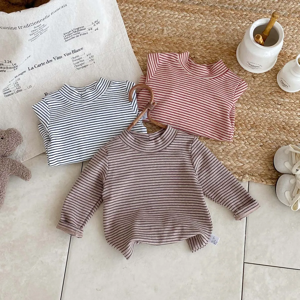 Children's autumn and winter striped semi-high collar long sleeve base shirt, male and female baby autumn and winter striped bas