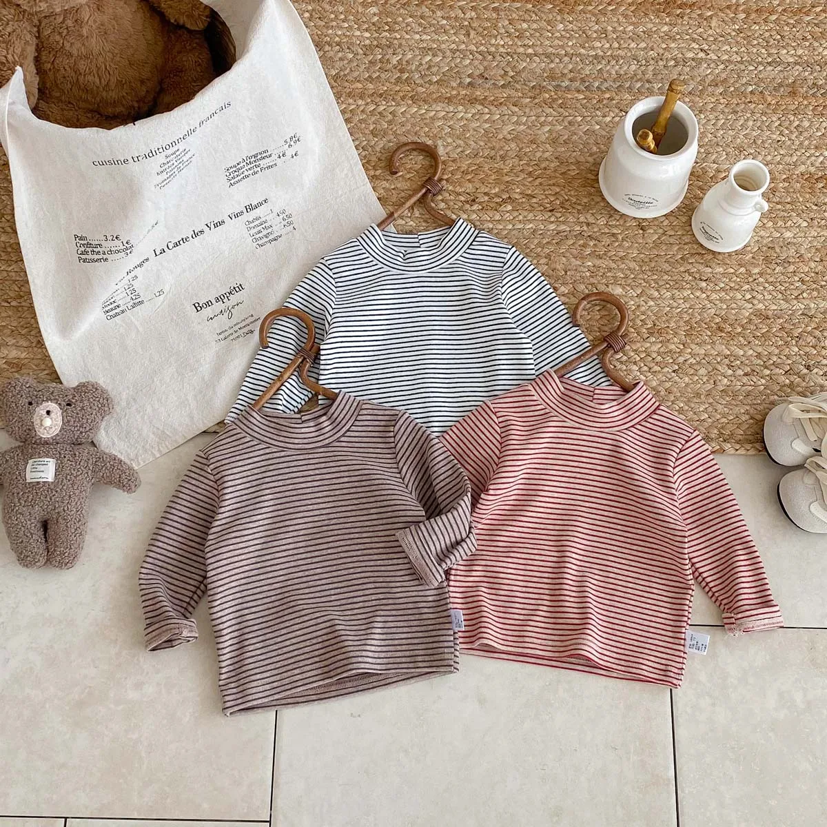 Children's autumn and winter striped semi-high collar long sleeve base shirt, male and female baby autumn and winter striped bas