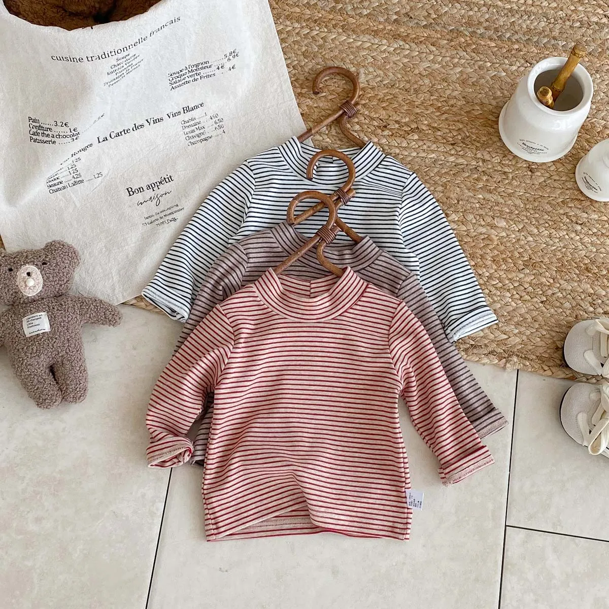 Children's autumn and winter striped semi-high collar long sleeve base shirt, male and female baby autumn and winter striped bas