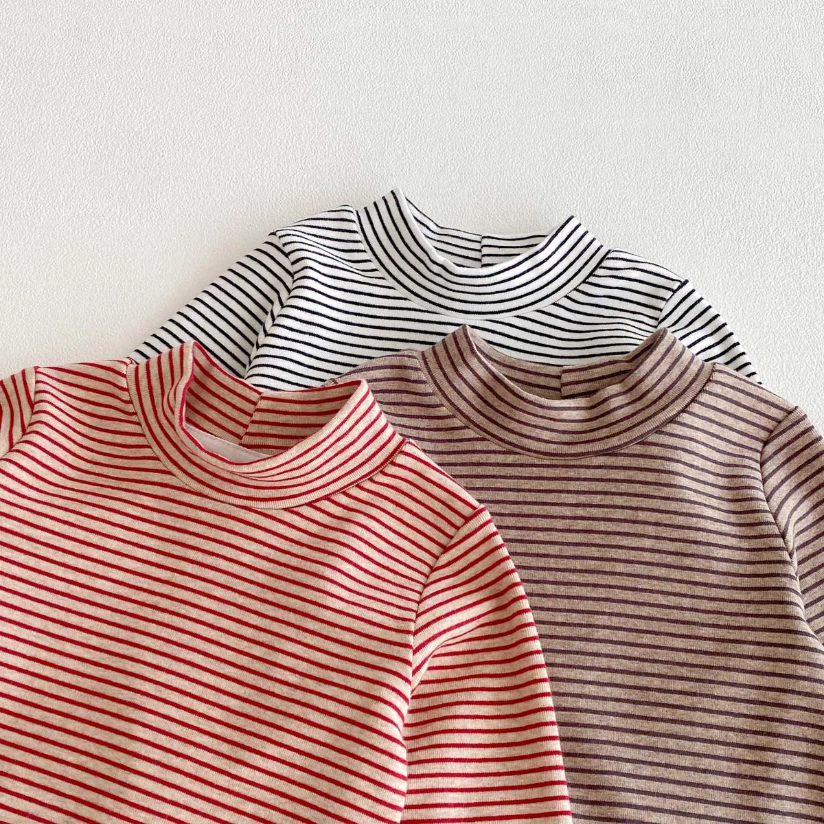 Children's autumn and winter striped semi-high collar long sleeve base shirt, male and female baby autumn and winter striped bas