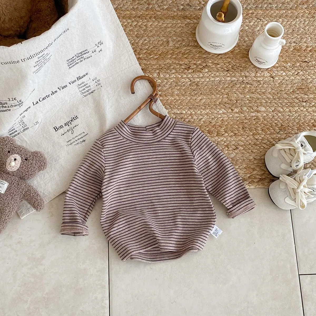 Children's autumn and winter striped semi-high collar long sleeve base shirt, male and female baby autumn and winter striped bas
