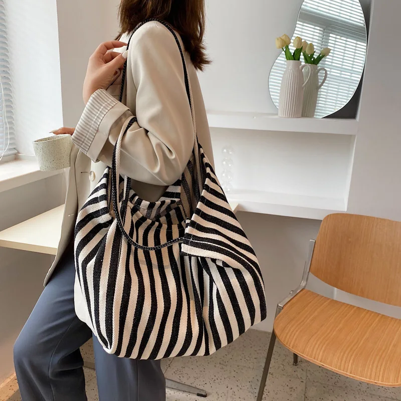 Large Capacity Canvas Bag for Women Fashion Striped Shoulder Bag New Top-handle Bag Travel Bag Shopping Tote Bolsa