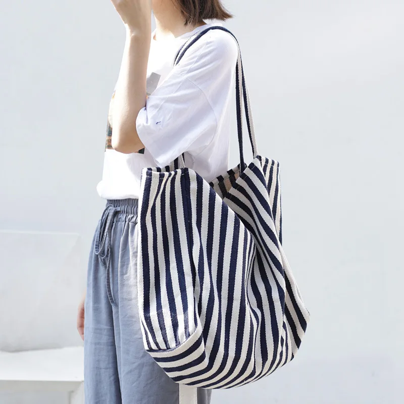 Large Capacity Canvas Bag for Women Fashion Striped Shoulder Bag New Top-handle Bag Travel Bag Shopping Tote Bolsa